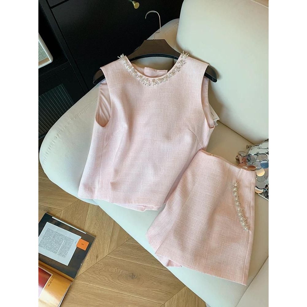 Set áo quần nữ tweed hồng, đính ngọc trai sang chảnh HB.Studio S127