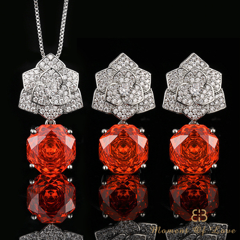 Trang Sức Bộ Cánh Hoa Hồng Cam Đỏ - Earings & Necklace Set