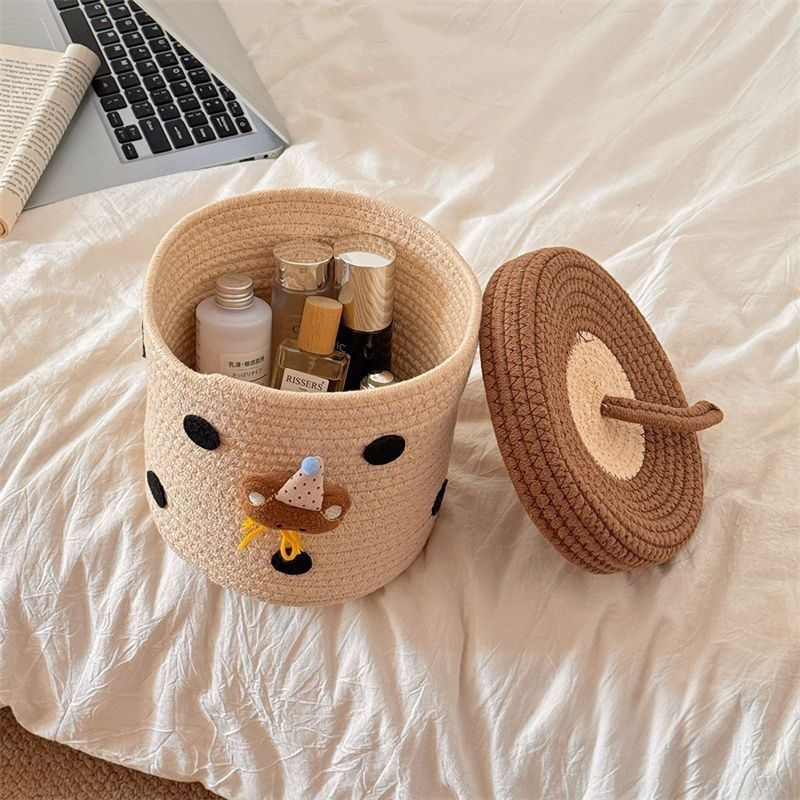 New Product#Cute Hat Bear Cotton Rope Storage Basket with Lid Large Capacity Miscellaneous Organizer