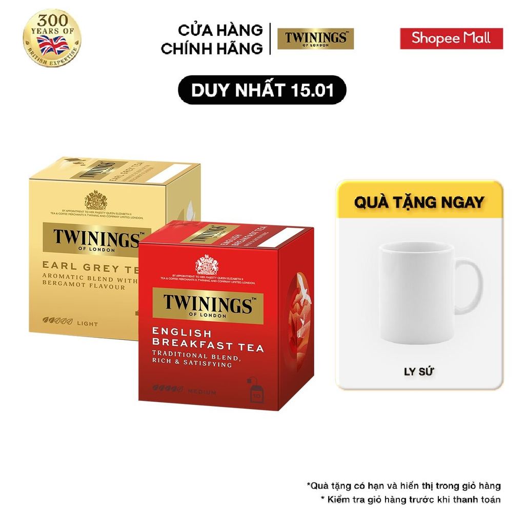 Combo 2 Trà Túi Lọc Bá Tước Twinings Earl Grey 10 gói x 2g và Trà Túi Lọc Twinings English Breakfast