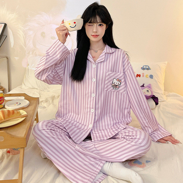 winter pajamas nightgowns Bộ Đồ Ngủ Nữ Hello Kitty Nhung Dài Tay Sọc, Thích Hợp Xuẩn Thu Và Thu Đông