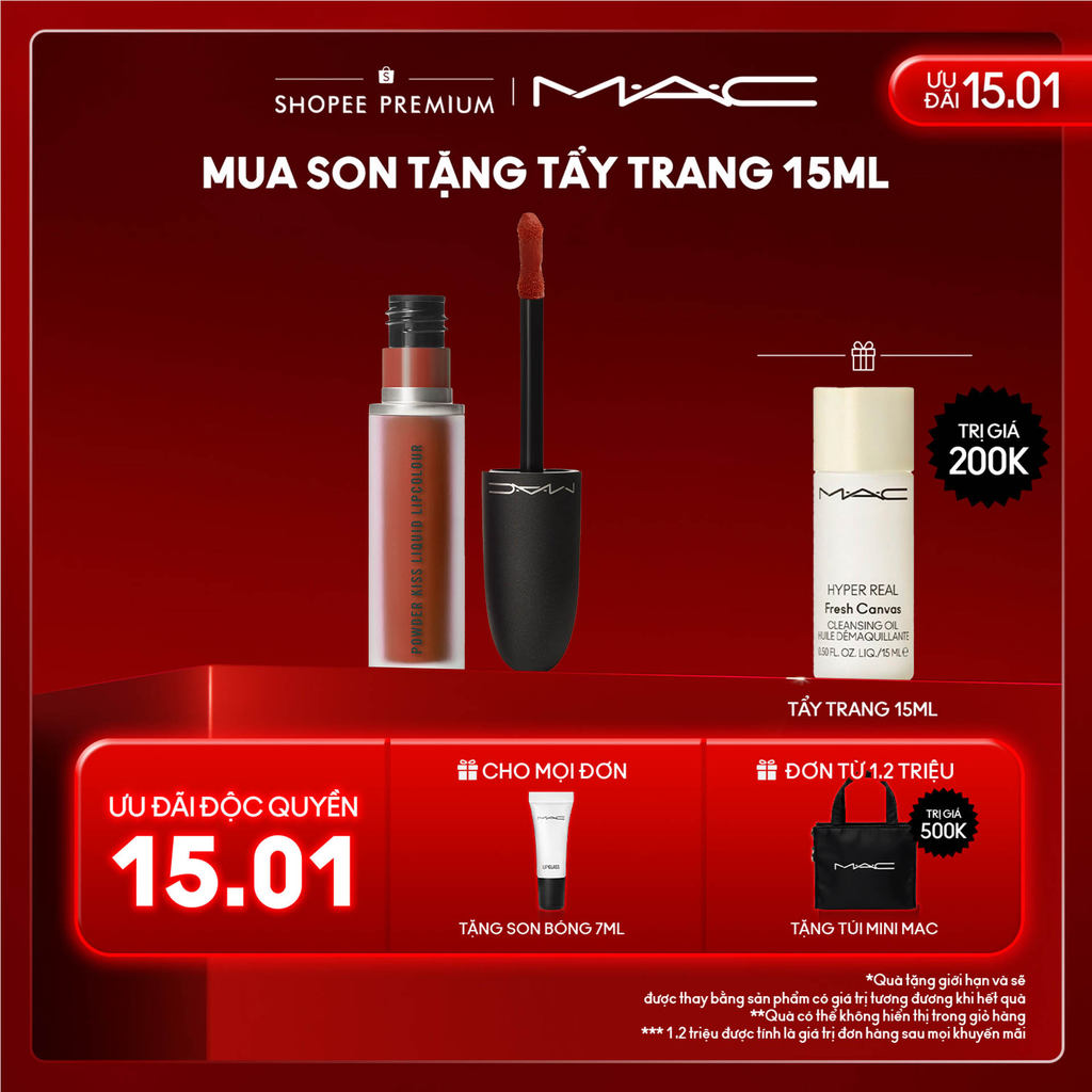 Son kem MAC Powder Kiss Liquid Lipcolour cho hiệu ứng màu mịn màng, làm mờ vân môi và dưỡng ẩm môi suốt 10H
