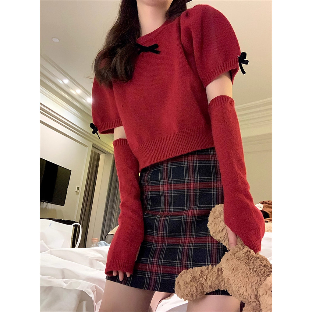 áo croptop len tăm áo croptop len tay dài Áo Len Đỏ Nữ Thu Đông Phong Cách Mới Với Nơ Ngắn