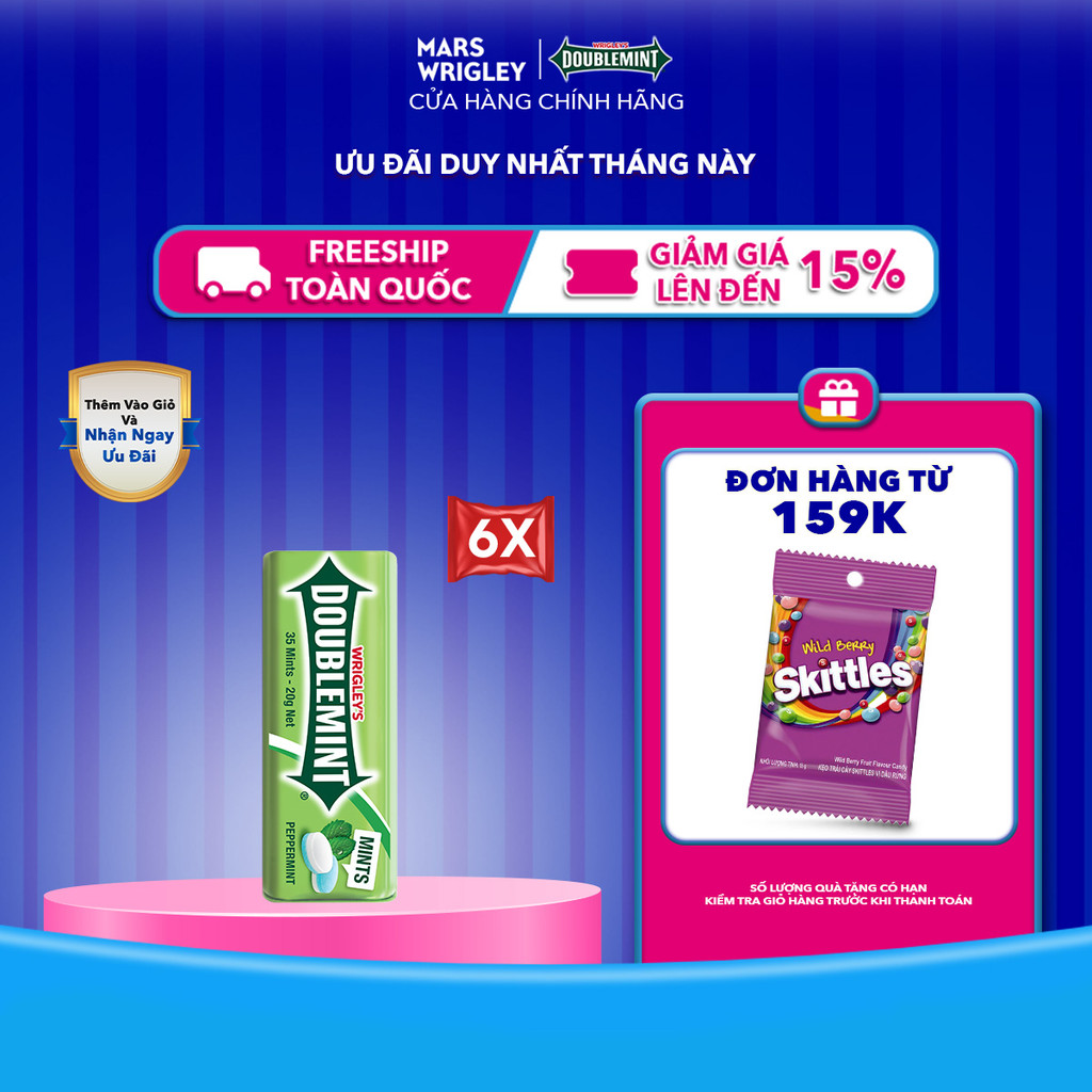 Combo 6 hộp viên ngậm không đường Doublemint hương bạc hà hộp 35 viên