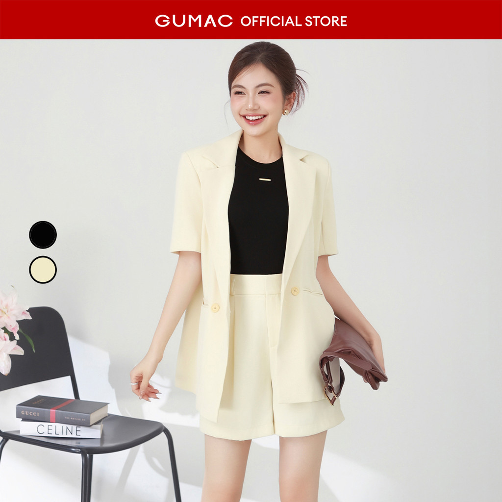 Set lẻ Áo khoác nữ GUMAC vest nút gỗ  OWF03028 - Quần short nữ GUMACs chiết ly  SHF03037