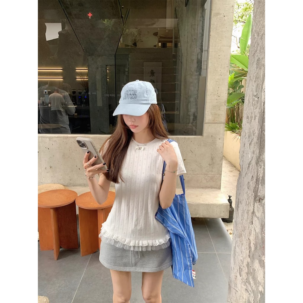 Áo babydoll baby tee nữ ôm body Thiết kế mới White Love Jacquard tay ngắn mùa hè Phong cách mới Slim-fit | BigBuy360 - bigbuy360.vn