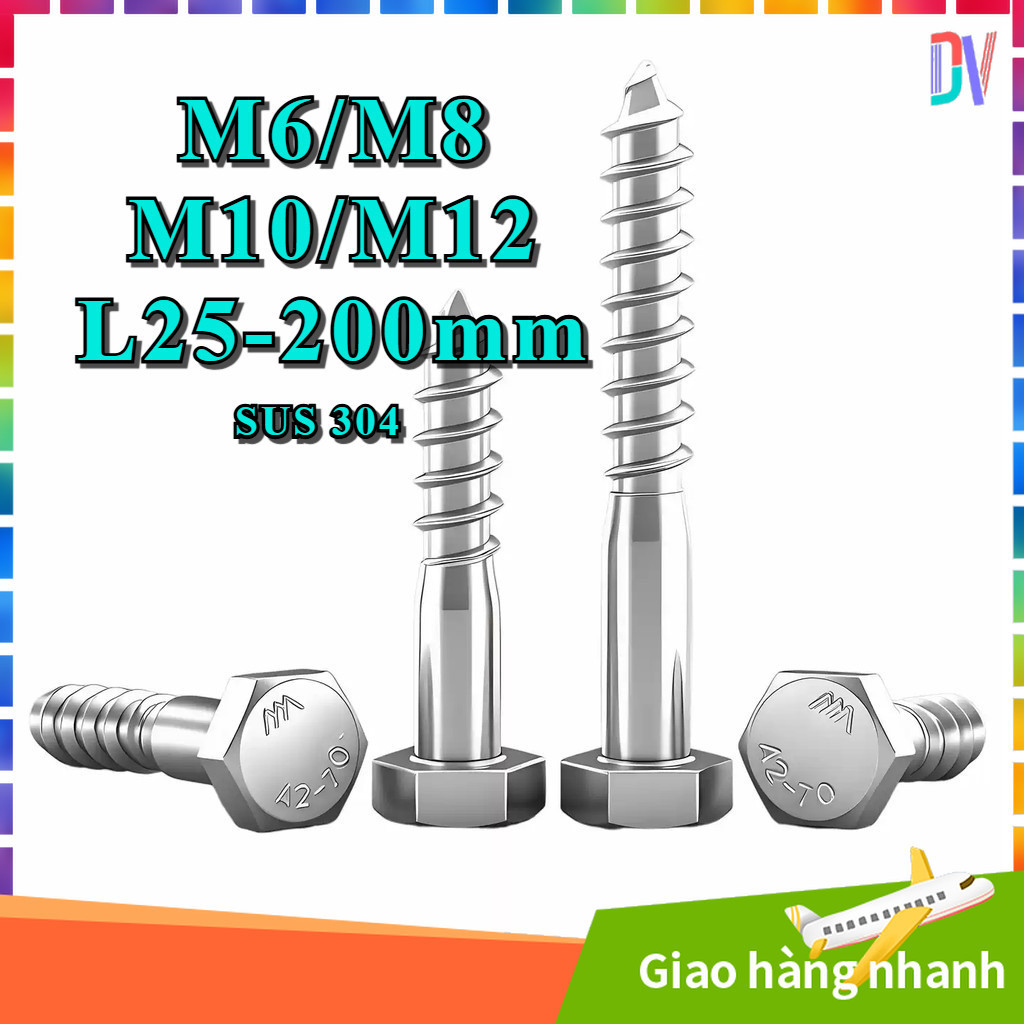 Vít giác inox 304 đủ size (kích để chọn cỡ) M6 / M8 / M10 / M12 * L25-200mm [DVA]
