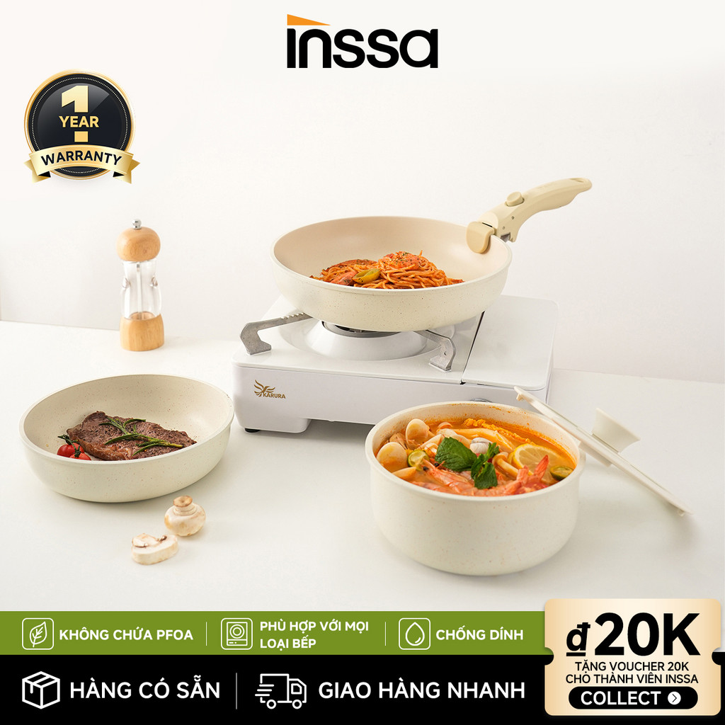 INSSA Bộ Nồi Chảo Chống Dính 3 Món Tay Cầm Tháo Rời 18cm/20cm/26cm GUOJ038 - Bảo Hành 1 Năm