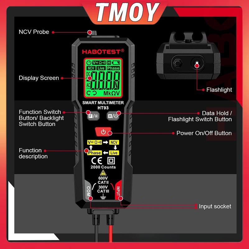 TMOY 1 Chiếc Điện Áp AC / DC Điện Áp Đo Liên Tục HT93 Đồng Hồ Vạn Năng Kỹ Thuật Số Thông Minh NCV Đồ