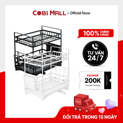 Kệ úp bát đĩa nhà bếp đa năng 2 tầng kèm khay hứng nước (M) - Đen - Cobi Home