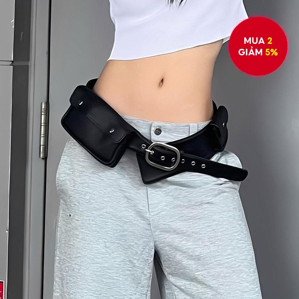  Dây da PU đen có đinh tán, có túi, thắt lưng điều chỉnh, phụ kiện phong cách Y2K, thẩm mỹ 2000s, phong cách grunge, dành cho nữ, thắt lưng eo thời trang.