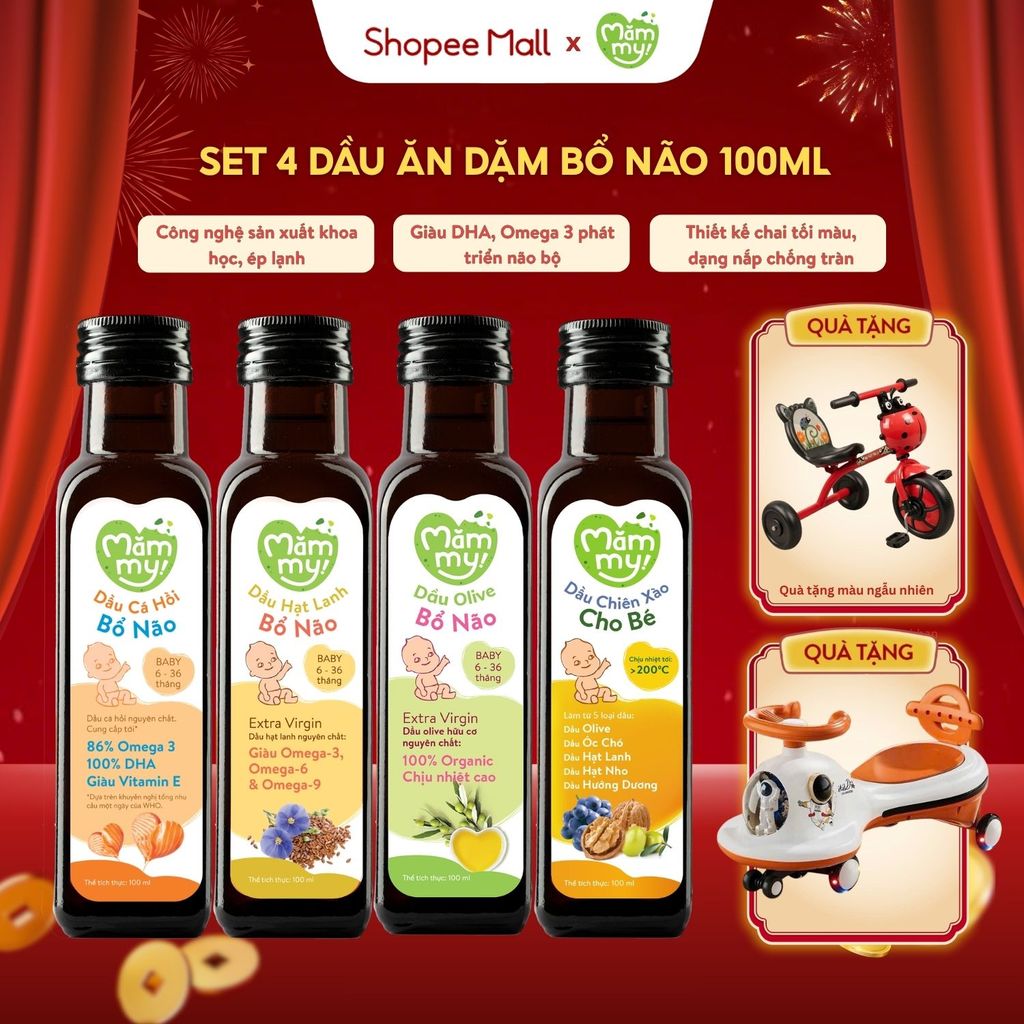 Combo 4 Dầu Ăn Dặm Cho Bé 6 tháng dầu bổ não Mămmy Cá hồi, Hạt lanh, Olive, Chiên xào chai 100ML