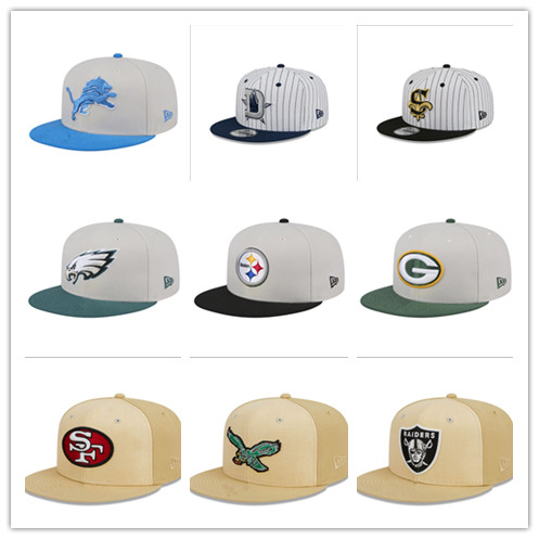 Snapback có thể điều chỉnh unisex, thêu logo các đội NFL như 49ers và Packers