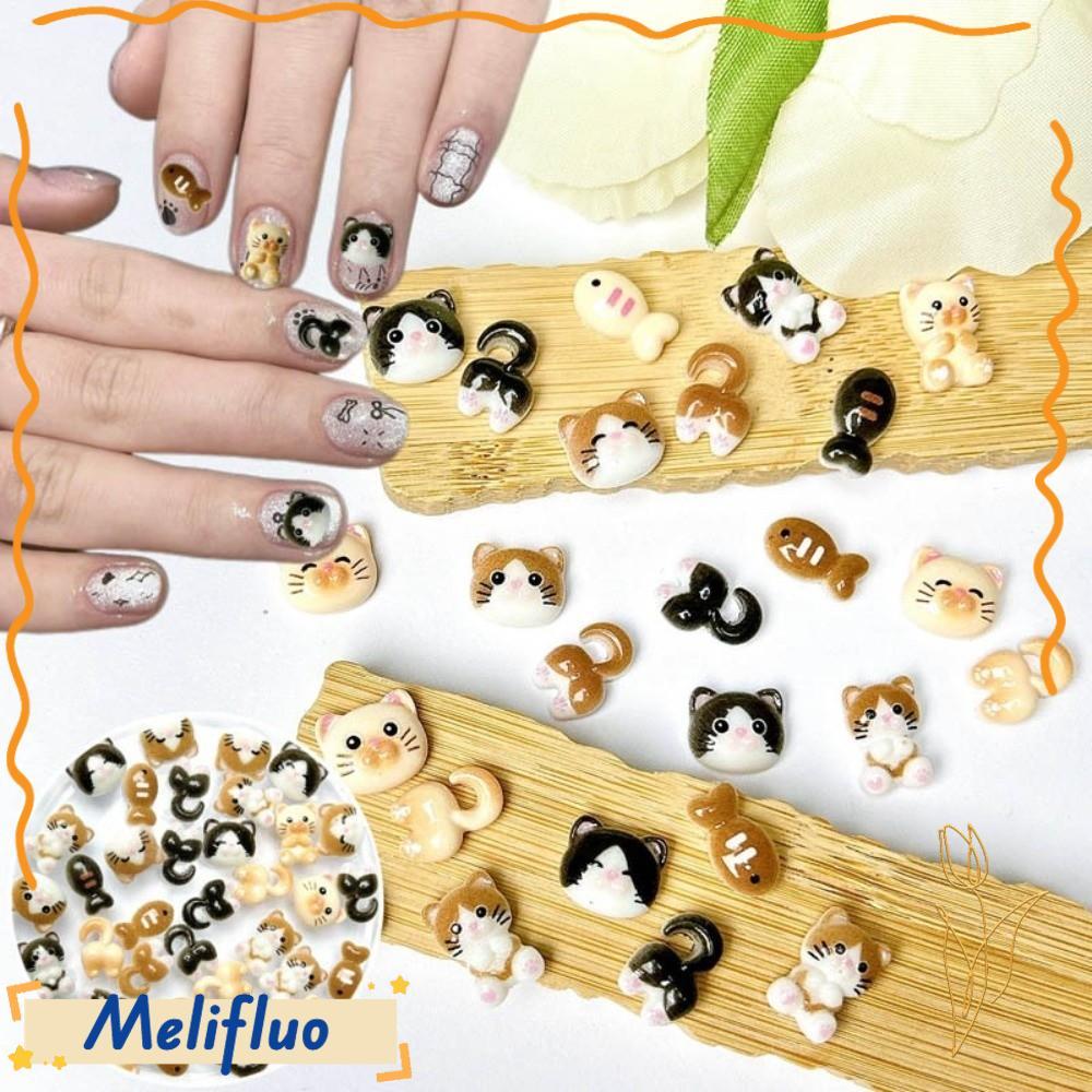 Bùa nghệ thuật làm móng MELIFLUO, Phim hoạt hình Mini Cat DIY Craft Resin Designer Charms, Dòng cá n