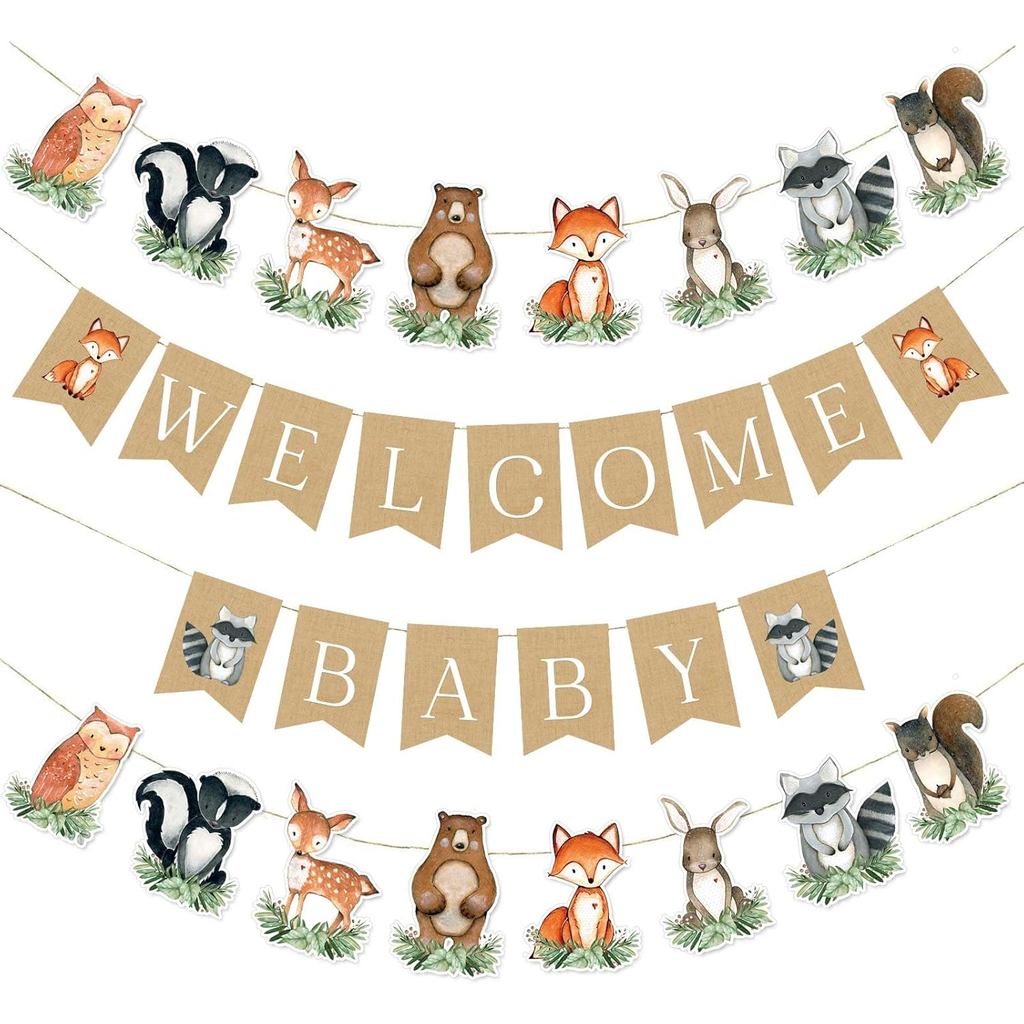Biểu ngữ tắm cho bé Woodland, Đồ trang trí tiệc động vật Woodland, Biểu ngữ chào mừng Woodland, Đồ d