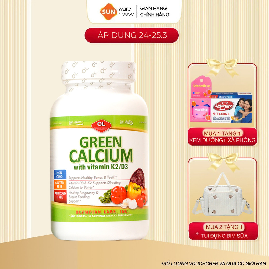 Viên Uống Canxi Hữu Cơ Cho Bà Bầu Olympian Labs Green Calcium Phù Hợp Sau Sinh Và Trẻ Em, Giúp Xương Chắc Khỏe Hộp 100 v