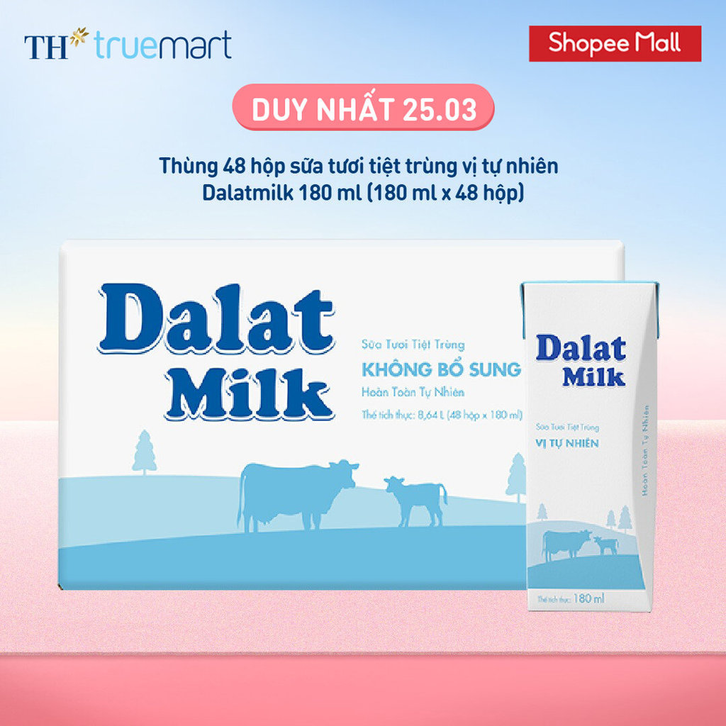 [LIVE STREAM] Thùng 48 hộp sữa tươi tiệt trùng Dalatmilk vị tự nhiên 180 ml (180 ml x 48)