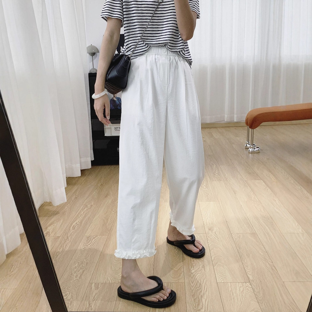 QOIE Ruffled hem loose straight casual pants for women, summer thin cropped ice silk quick-dry pants