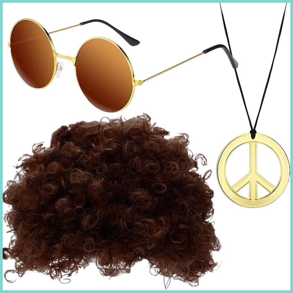 Afro tóc giả với kính mát và vòng cổ - Style hippie funkyc