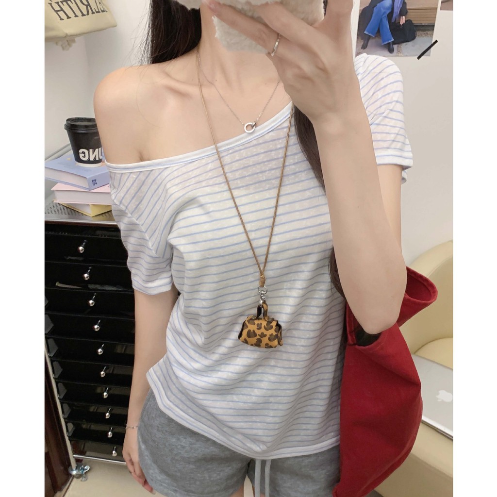 K3329 Lyocell xiên vai Áo thun ngắn tay nữ thời trang mùa xuân dáng rộng mỏng hơn Nhìn phù hợp với m