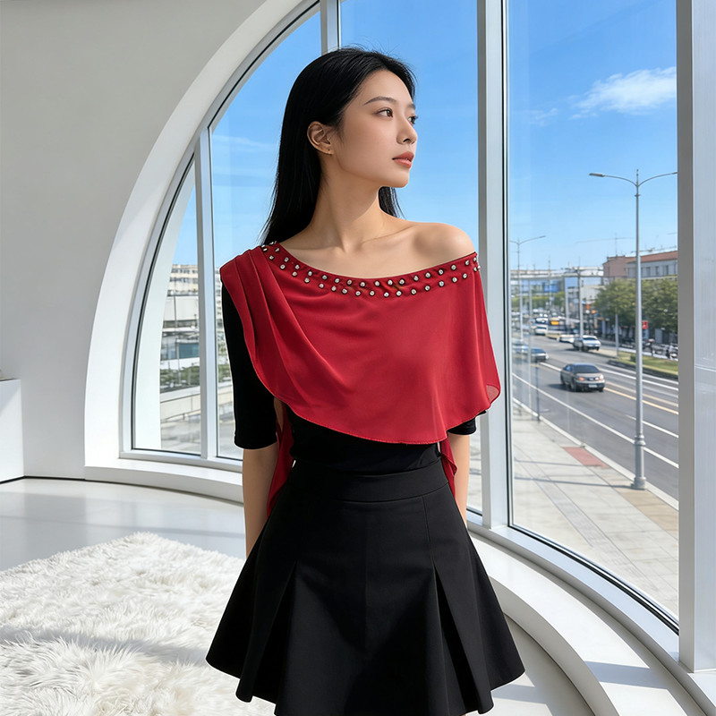 MIOU Áo Thun Lưới Lệch Vai Kiểu Pháp Gợi Cảm Cho Nữ Mùa Hè 2026, Ôm Just-AuFit Thời Trang