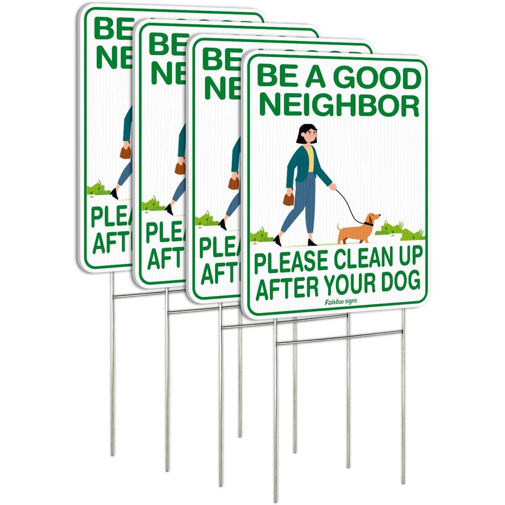 Faittoo Clean Up After Your Dog Signs, (4 Gói) 12 "x9" Double Sided with Metal H-Stake No Poop Signs