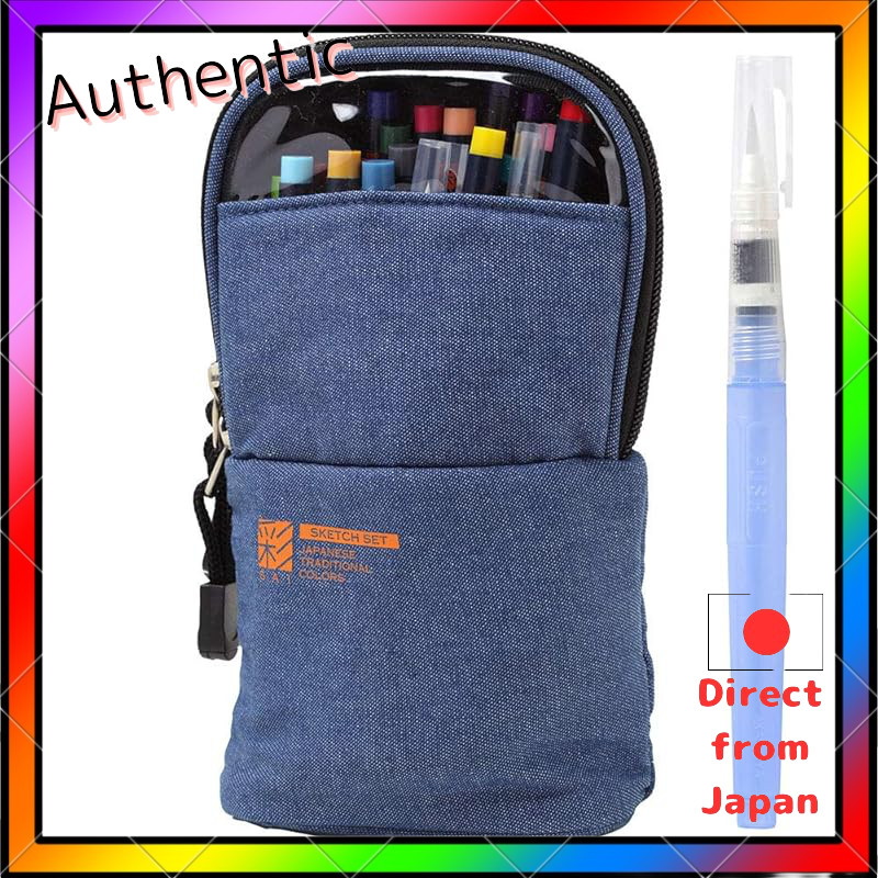 Akashiya Color Brush Pen Watercolor Brush "Sai" Sketch Set with Water Brush Pen CA551S-DE Denim