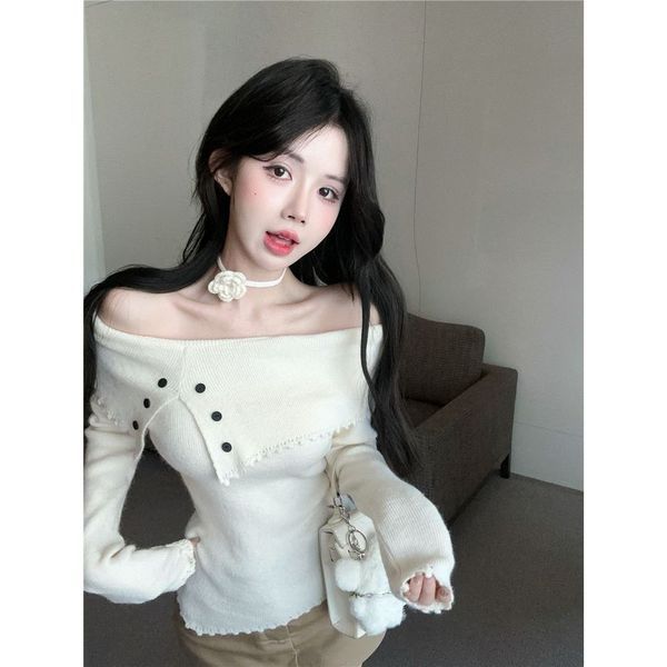korean women's sweater off-shoulder sweater sweater Áo Len One Shoulder Thu Đông Có Dây Buộc Cổ Hoa
