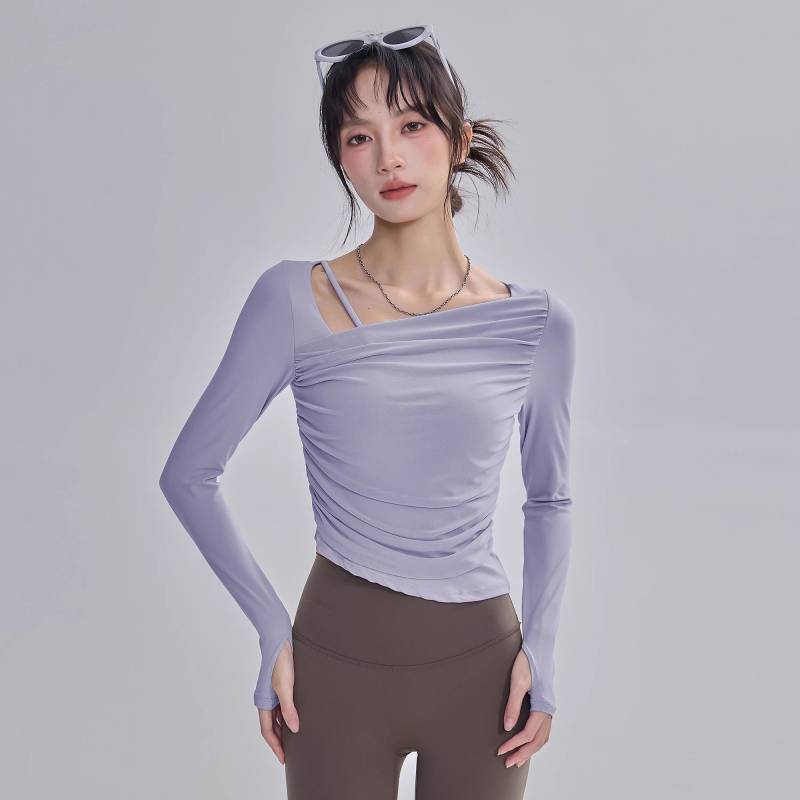 Yoga Clothes Long Sleeve Mesh Stitching Sports Top with Chest Pad Quick-Drying Pilates Running Fitne