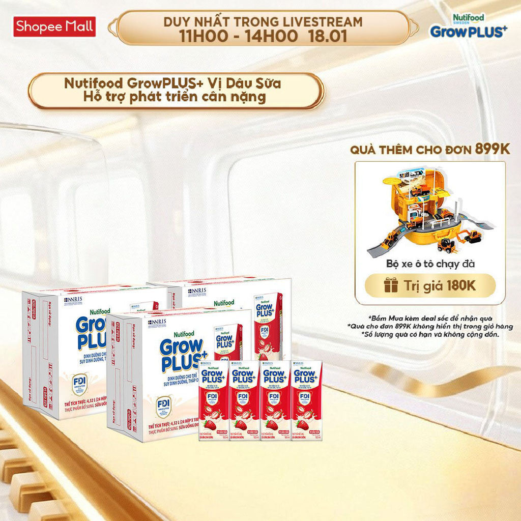 Combo 3 Thùng 24 hộp Sữa bột pha sẵn Nutifood GrowPLUS+ Vị Dâu Sữa hộp 180ml - Trên 1 tuổi