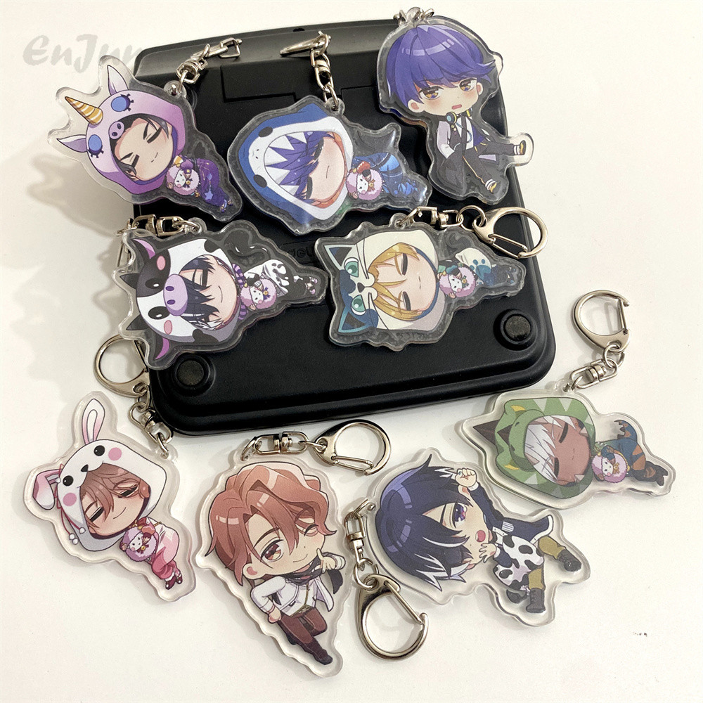 Obey Me Pajamas Collection Anime Keychain Asmodeus Lucifer Mrmon Leviathan Figures Acrylic Bag Keyri