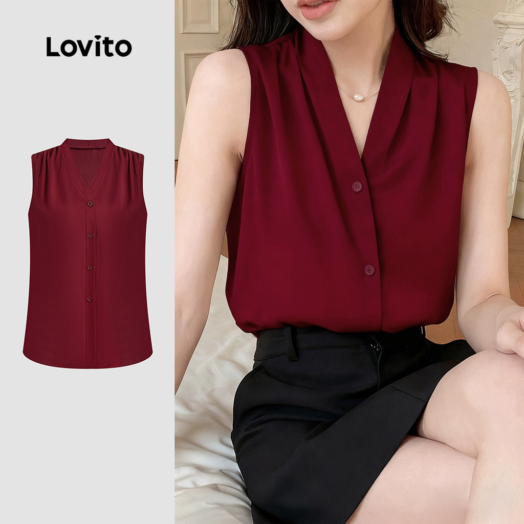 Lovito Áo sơ mi nữ cài cúc thường xuân/hè màu đỏ rượu LK2ED819