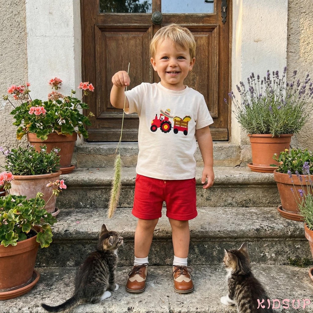 KIDSUP1-Toddler Bé Trai Cinco de Mayo Trang Phục Máy Kéo Thêu Cổ Tròn Áo Thun Tay Ngắn Co Giãn Eo Qu