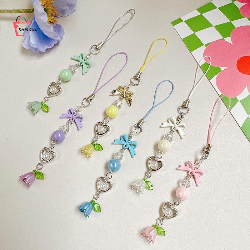 SHNGki Nơ Lily Of The Valley Đính Hạt Dây Xích Điện Thoại Y2K Tươi Ngọt Móc Khóa Fower Mặt Dây Chuyề