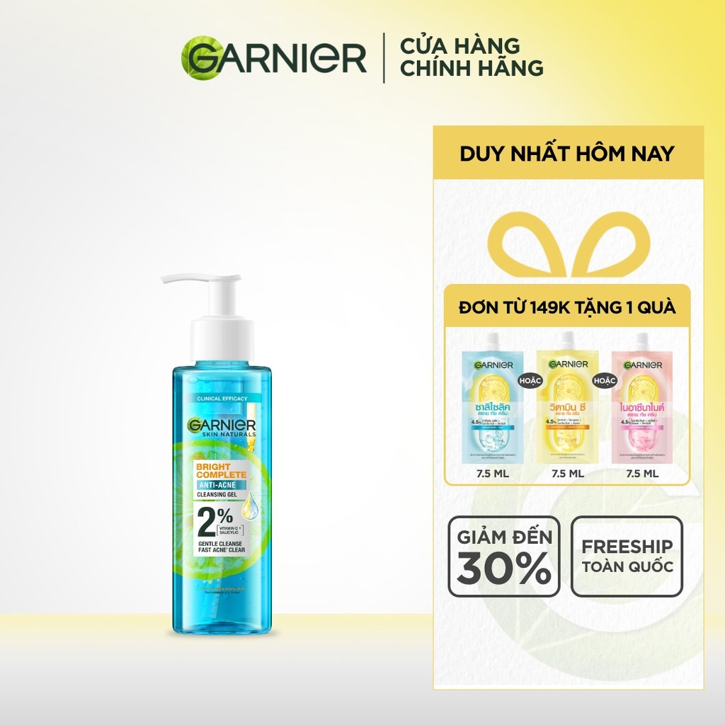 Sữa rửa mặt dạng gel sạch thoáng dịu nhẹ Garnier 2% [BHA, Vitamin C] cho da dầu mụn 120ml