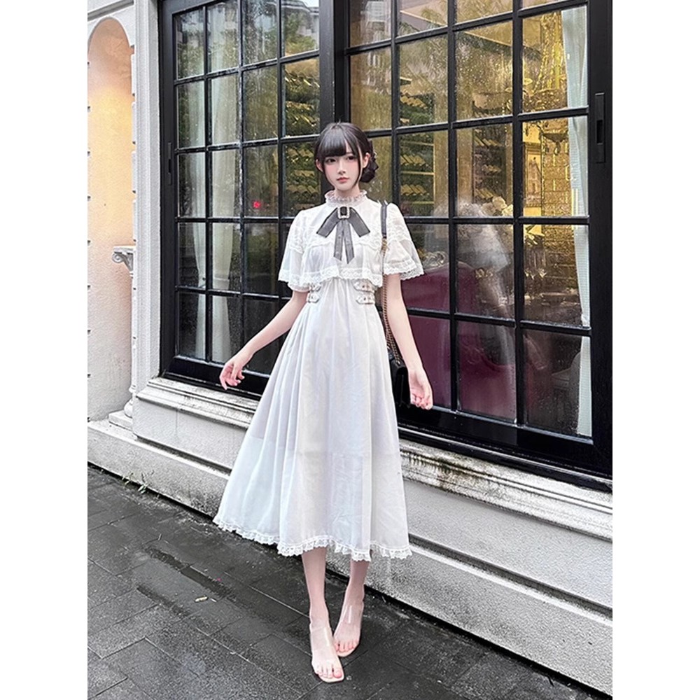 Phong Cách Nhật Bản rojita Đầm Nữ Tay Ngắn Áo Choàng Lưới Nơ Lớn Ren Tính Khí Khâu Váy Dài20260307