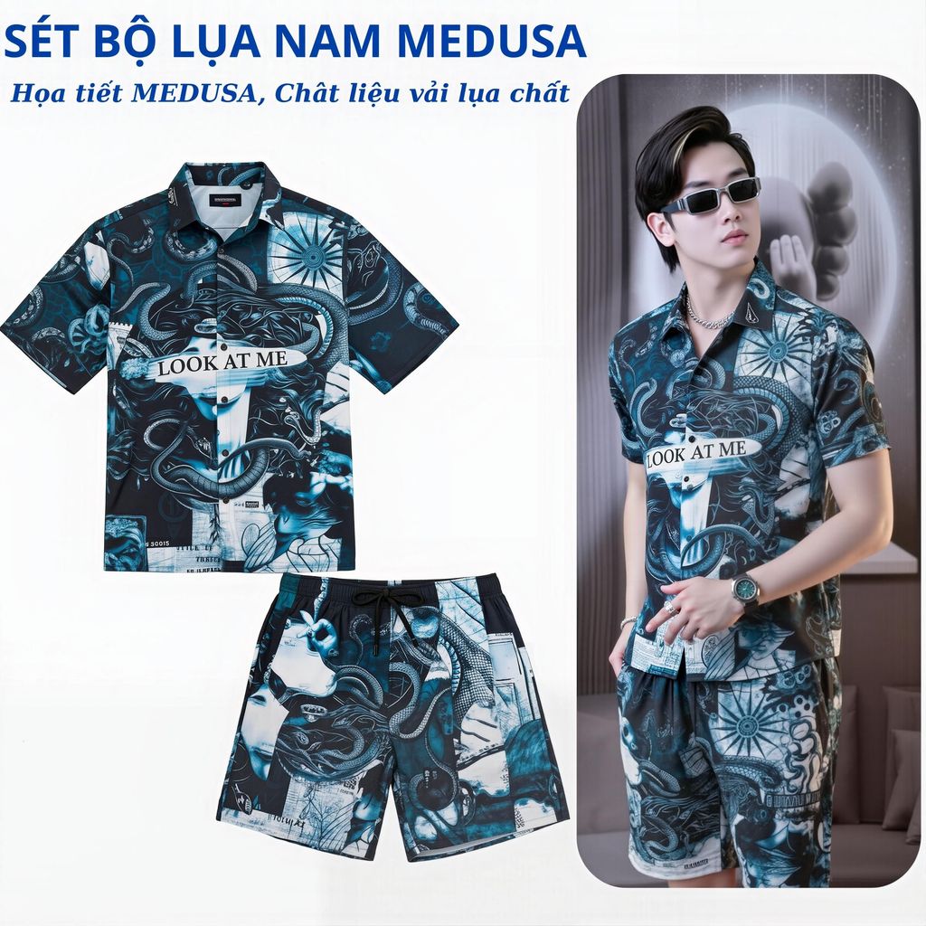 Bộ quần áo Lụa Nam MEDUSA chất liệu vải lụa mềm mịn Họa tiết điểm nhấn Medusa Menswer