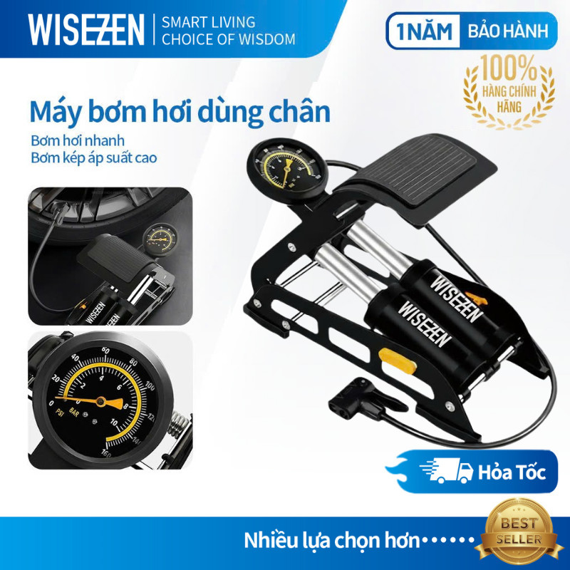 Bơm đạp Chân 2 ống Wisezen Dành Cho Xe đạp ô Tô Xe Máy Có đồng Hồ đo áp Suất Bơm đạp Chân đa Năng Chính Hãng