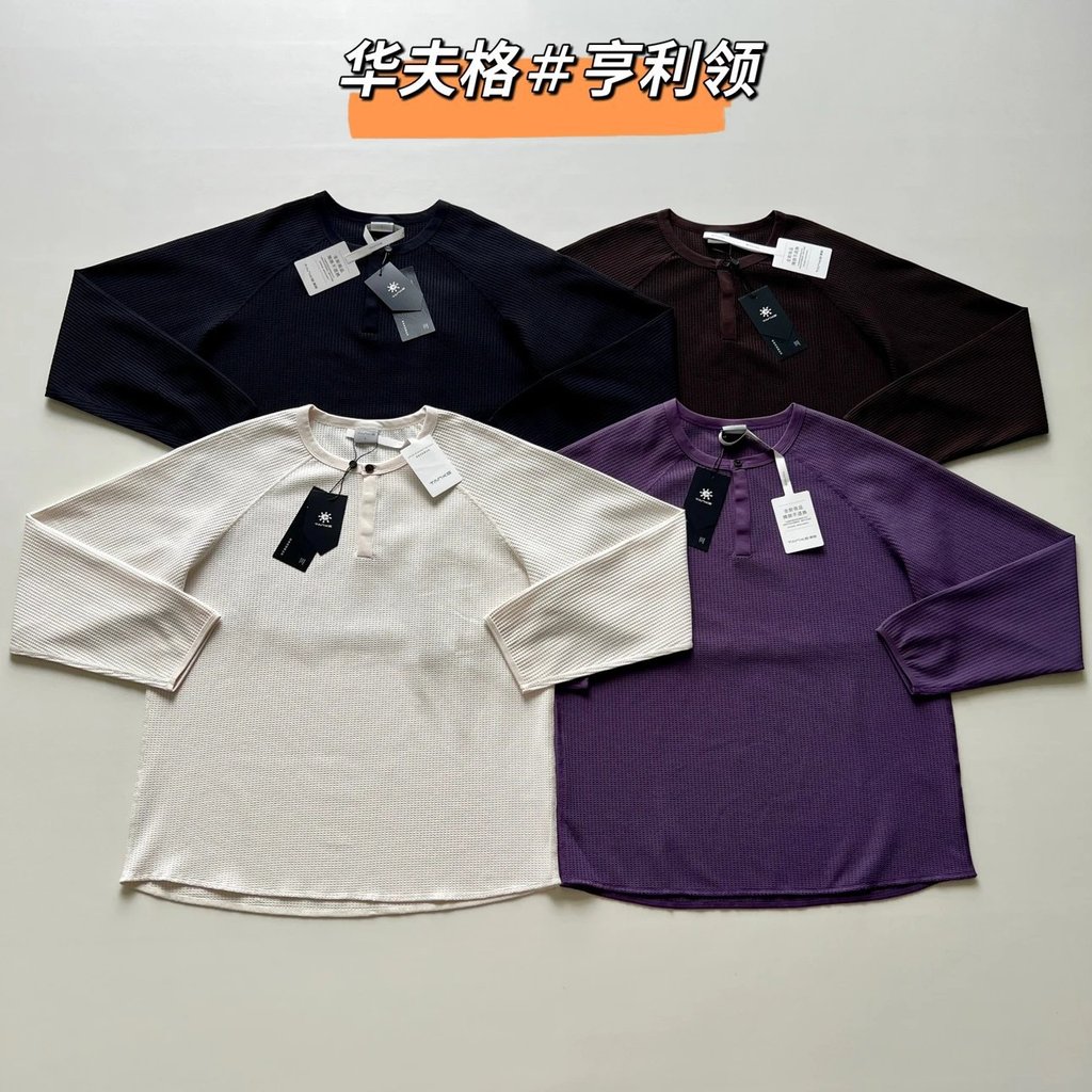Air Waffle Single-Button Henley Collar Long Sleeve T T-shirt, sweatshirt, breathable and comfortable