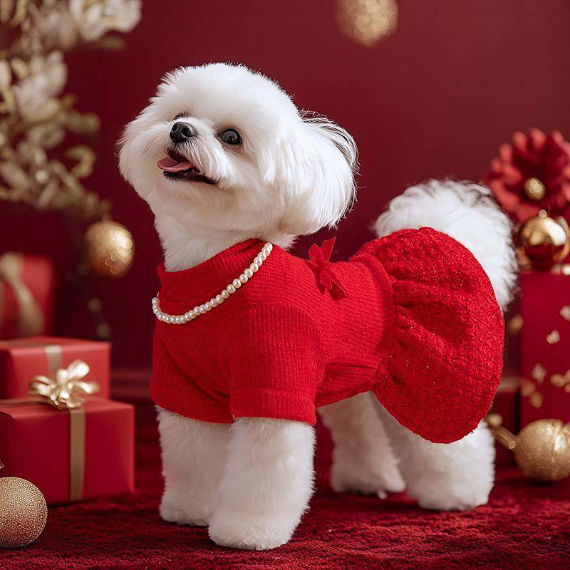 Dog New Year Clothes Western Style Red Classic Style Wedding Dress Small Dog Pet Thickened VcLy