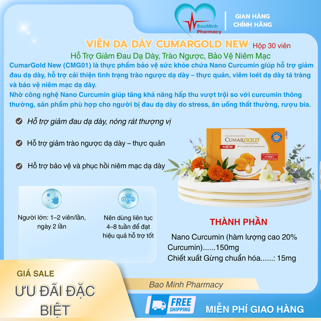 Viên Dạ Dày CumarGold New 30 Viên – Nano Curcumin CMG01, Hỗ Trợ Giảm Đau Dạ Dày, Trào Ngược, Bảo Vệ 