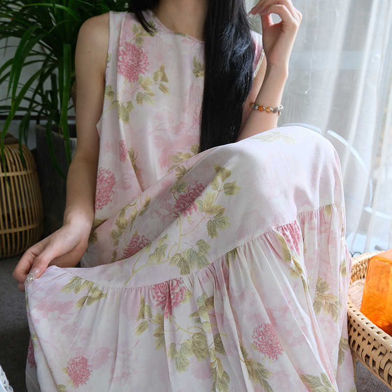 Mùa Hè Người Phụ Nữ Viscose Váy Ngủ Quá Khổ Nữ Váy Ngủ Không Tay In Hoa Váy Ngủ Ngọt Ngào Thường Ngà