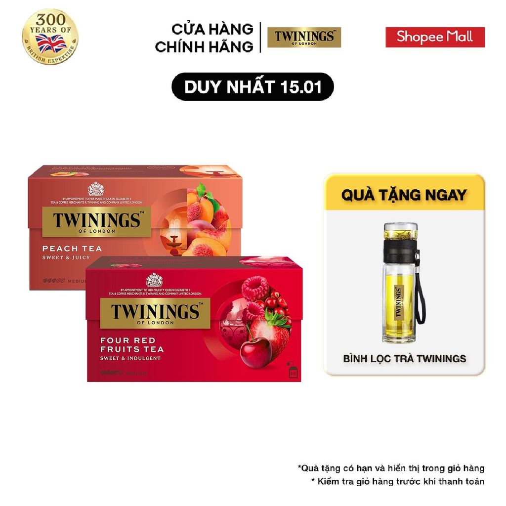 Combo 2 Trà Túi Lọc Vị Đào Twinings Peach Tea và Trà Túi Lọc 4 Vị Twinings Four Red Fruits Tea - Hộp
