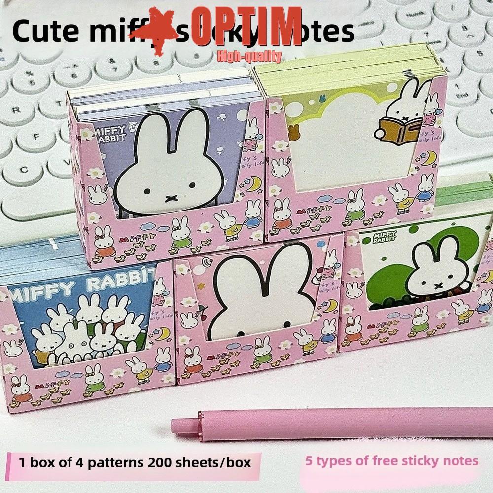 OPTIM 200 Tờ Memo Pad, Thẻ Giấy Không Dính Miffy Rabbit Ghi Chú, Phim Hoạt Hình Dễ Thương Tự Dính Pl