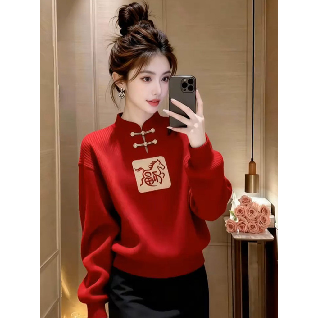 áo croptop len tay dài áo croptop len Bộ quần áo nữ màu đỏ phong cách Trung Quốc, cổ mới, phù hợp xu