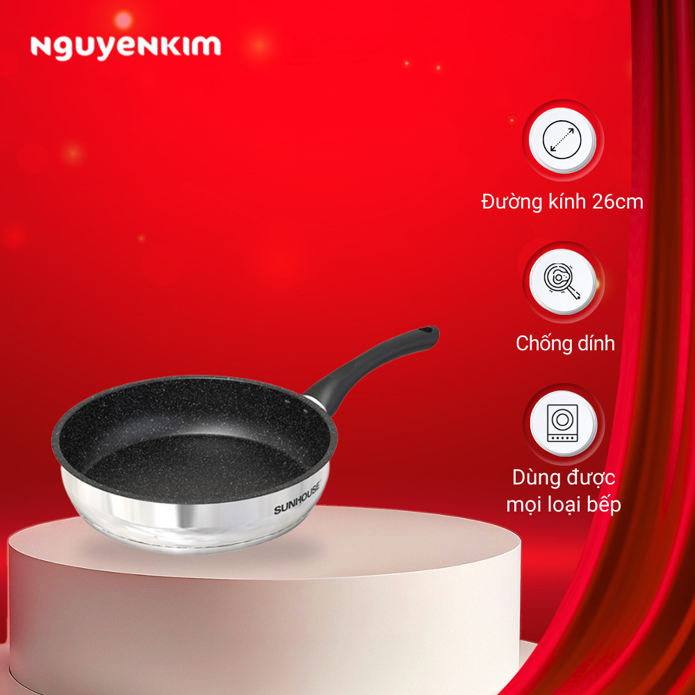 Chảo cạn inox 5 đáy chống dính Sunhouse 26cm IN26M4