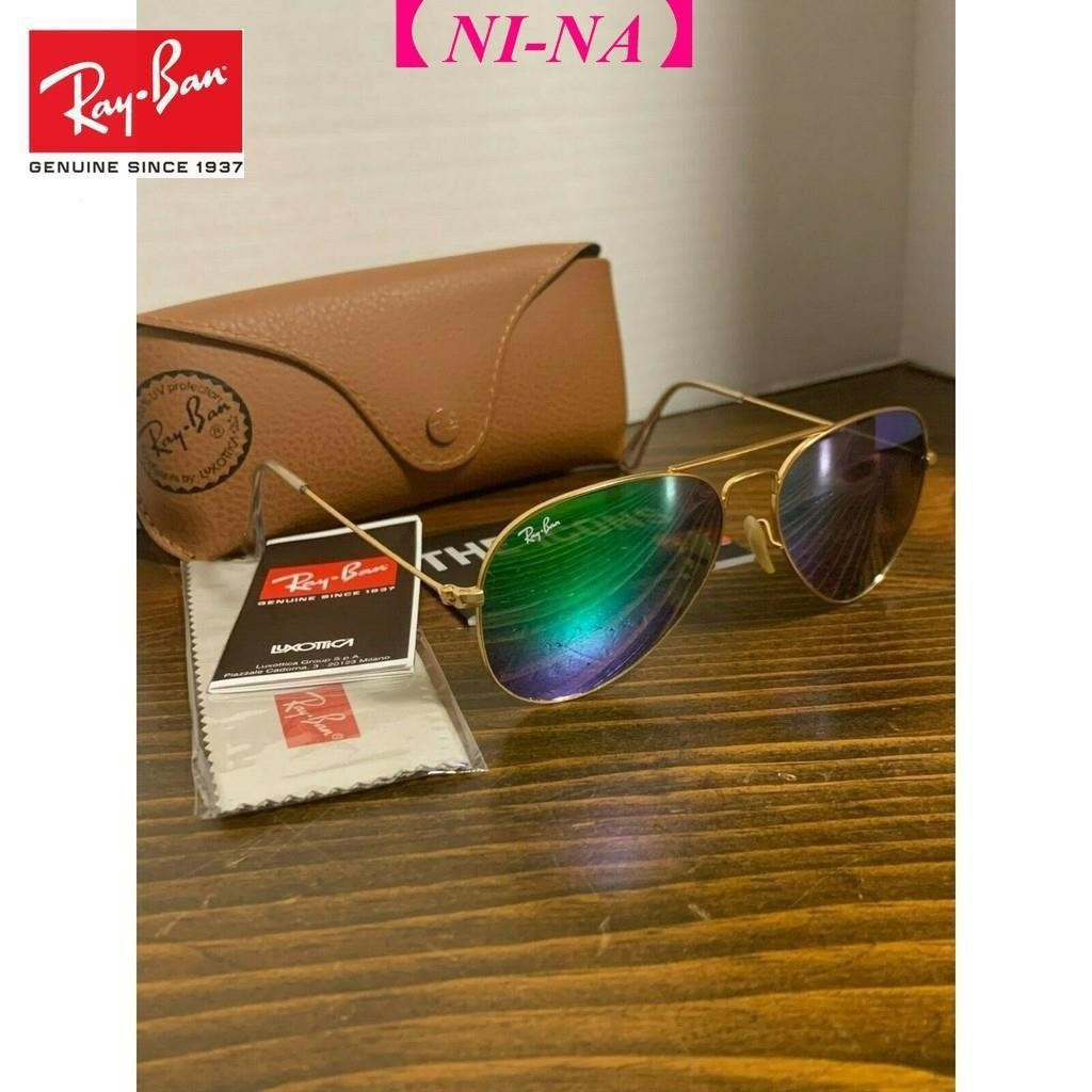 Kính râm Rayban Aviator khung vàng, ống kính gương xanh