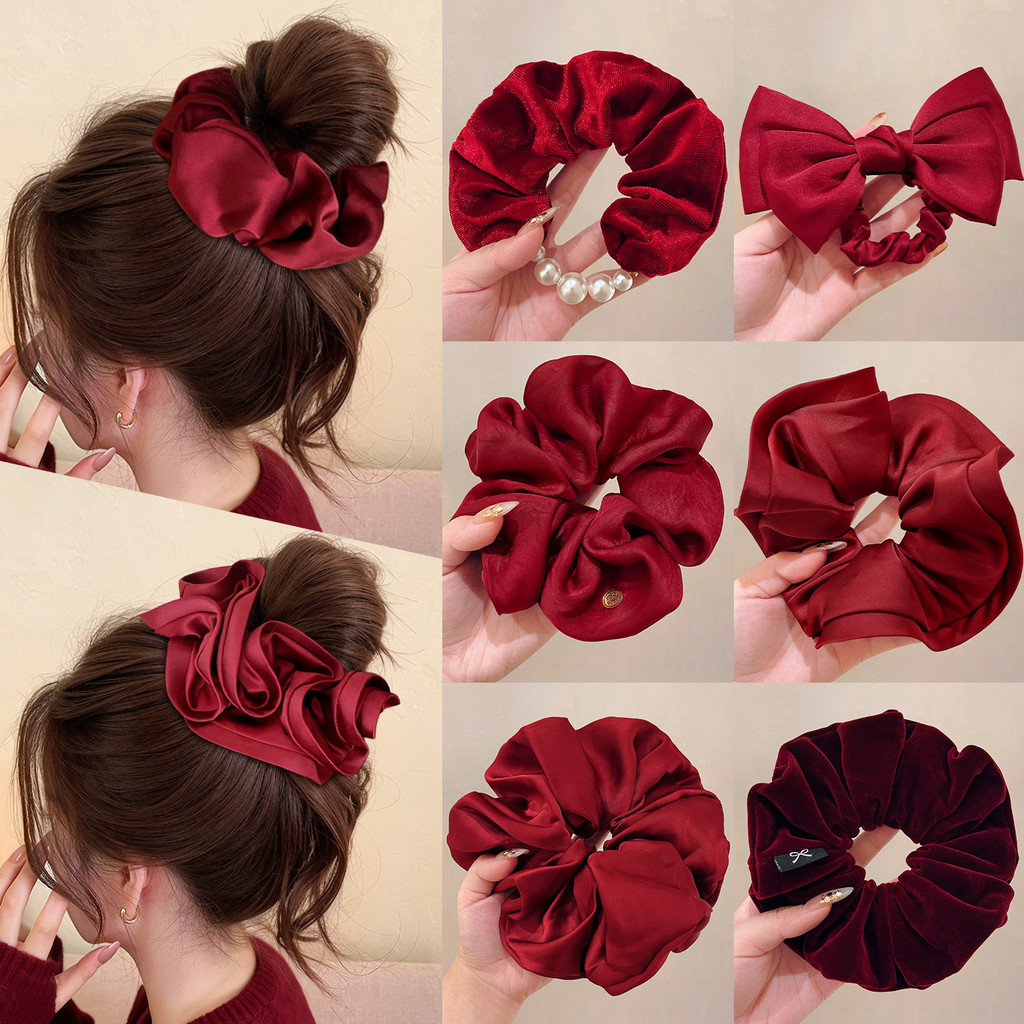 Năm Mới Màu Đỏ Satin Quá Khổ Scrunchy Dây Buộc Tóc Nữ 2025 Buộc Tóc Đầu Dây Buộc Bóng Cao Cấp Dây Bu