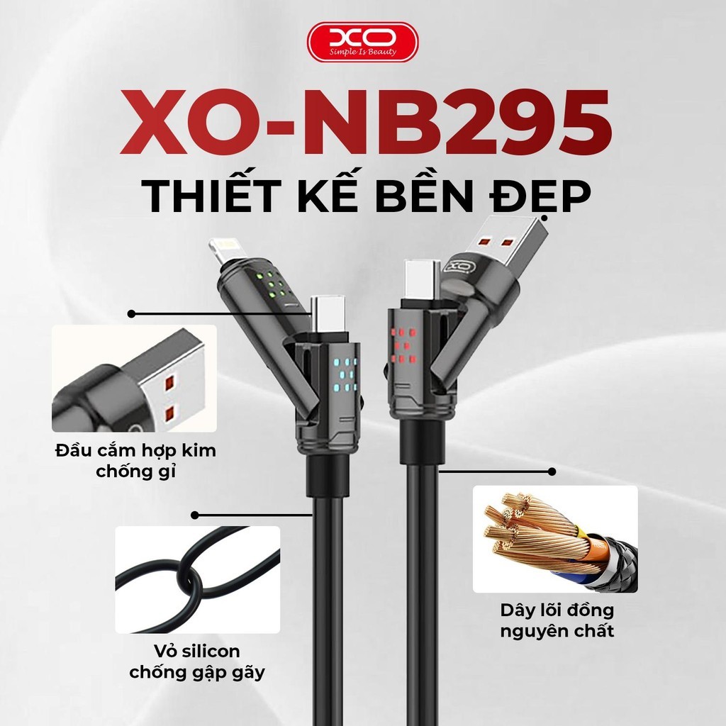 Dây cáp đen XO-NB295 4 Cổng, Sạc Nhanh Đa Năng, Truyền Dữ Liệu 480Mbs, Siêu Bền, Dài 1m2