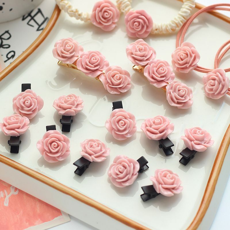 Hot Sale#Pink Small Rose Hair Accessories Set Camellia Mini Clips Flower Hair Ties Girl's Heart Hair